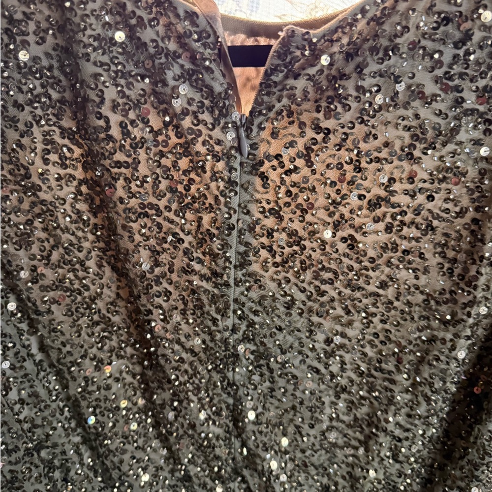 Mac Duggal Sparkling Long Sleeve Olive Green Gown Dress - Picture 15 of 16